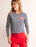 Top col rond rayé motif cœur-Bleu marine, ivoire