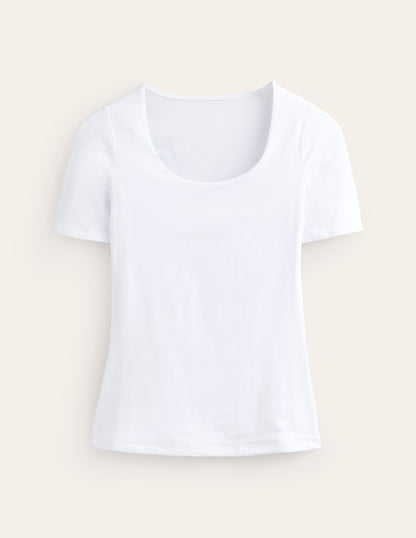 Doppellagiges T-Shirt mit tiefem Rundhalsausschnitt-Weiß-5