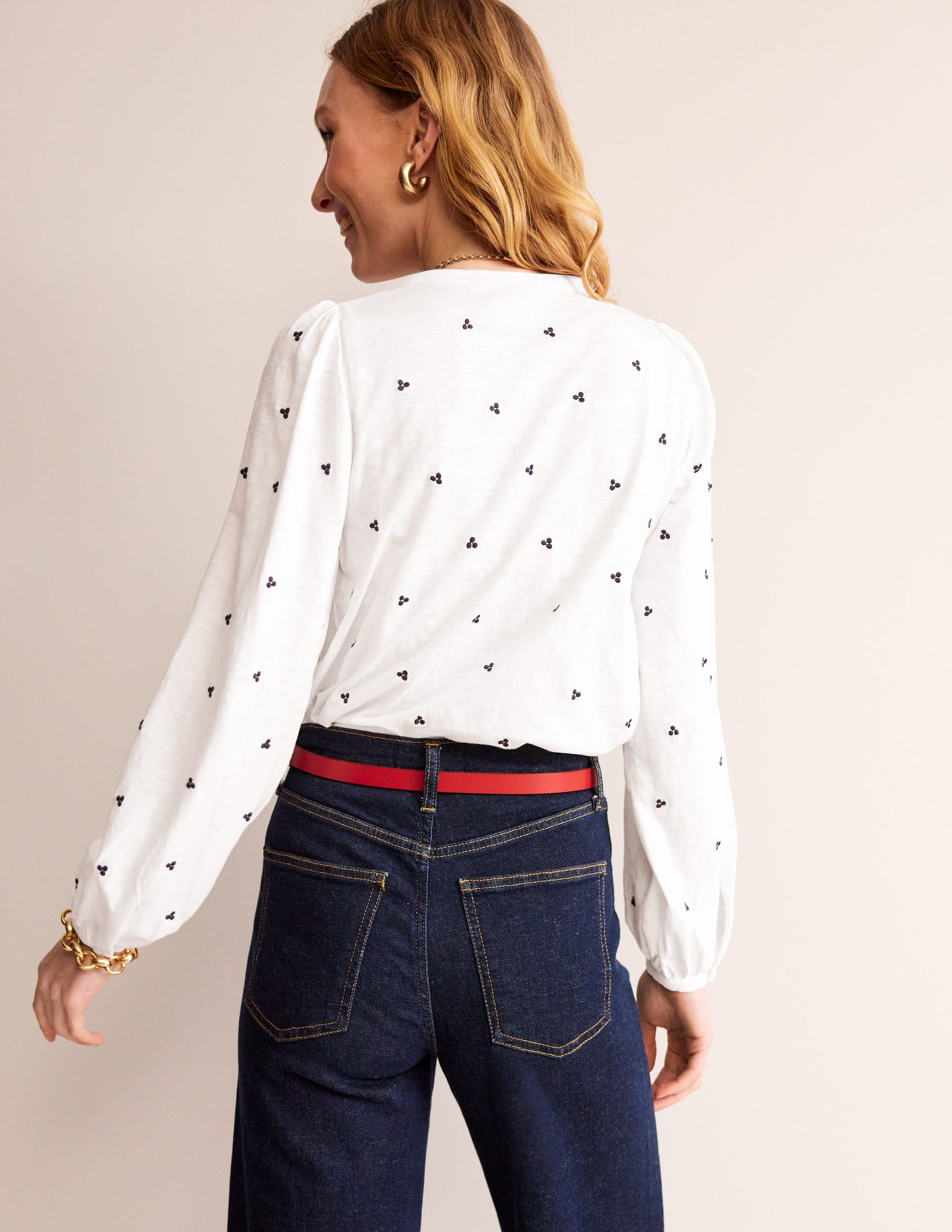 Chemise Marina brodée-Blanc, pois bleu marine-3