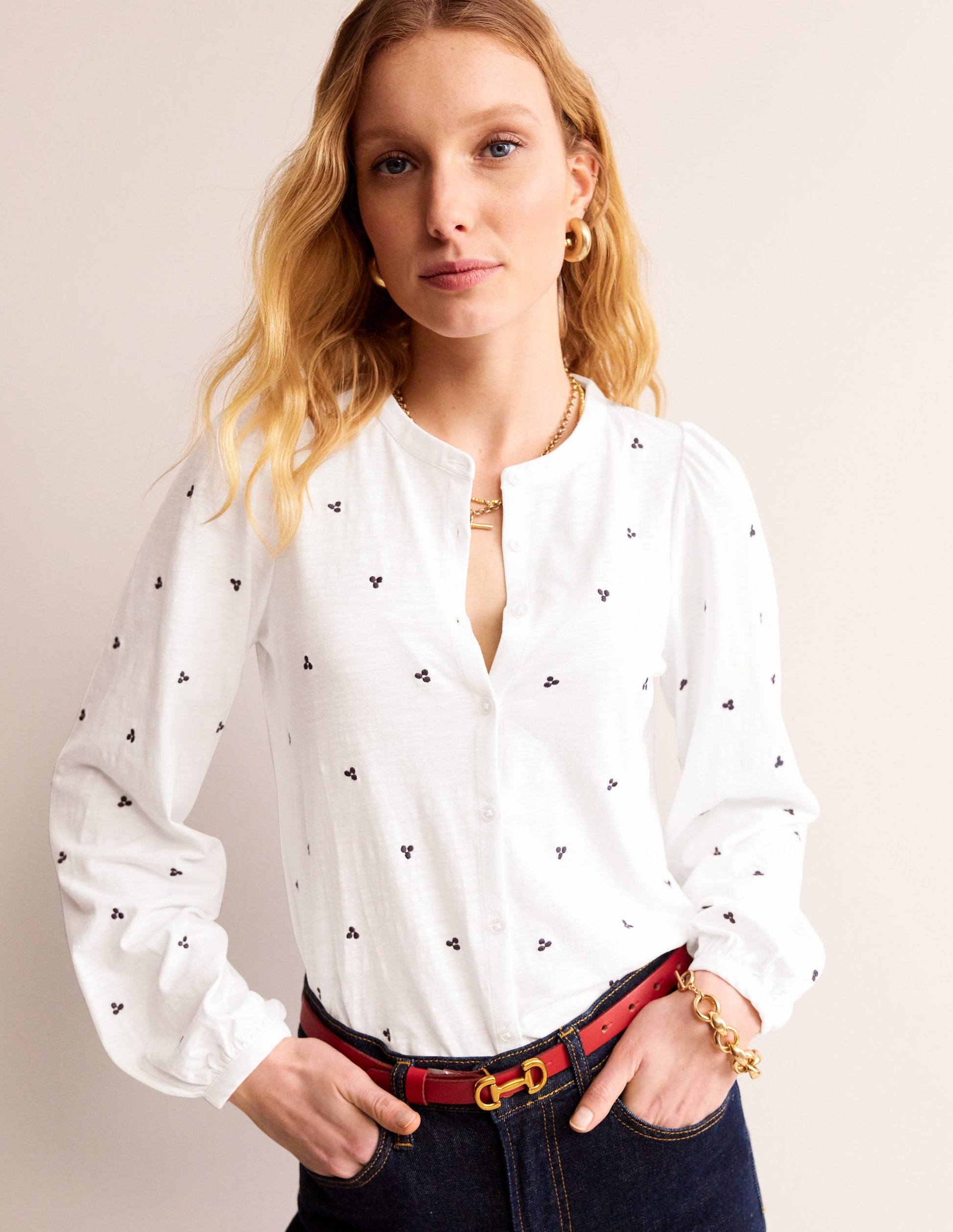 Chemise Marina brodée-Blanc, pois bleu marine-4