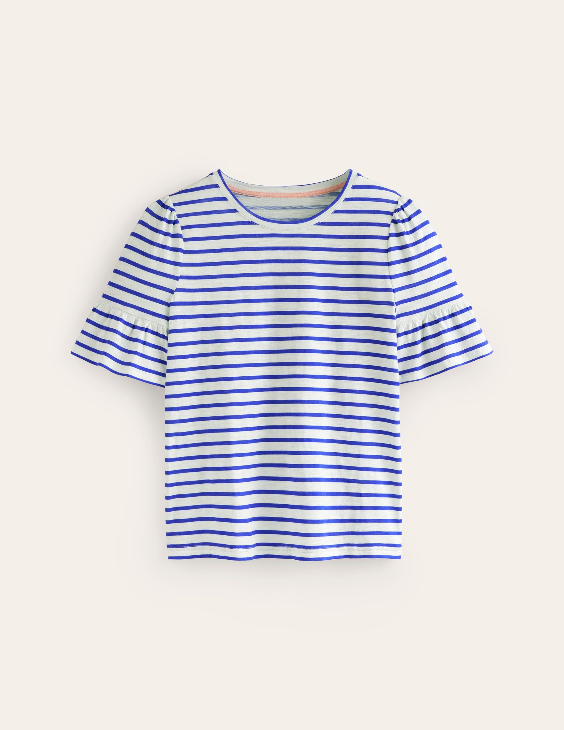 T-shirt col rond à manches volantées-Ivoire, bleu connecté-5