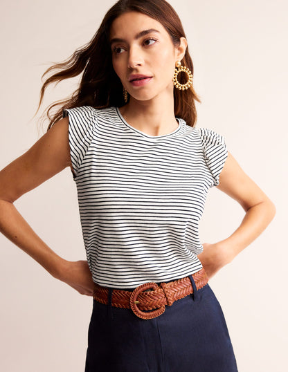 Cotton Flutter Top-Ivory, Navy-1