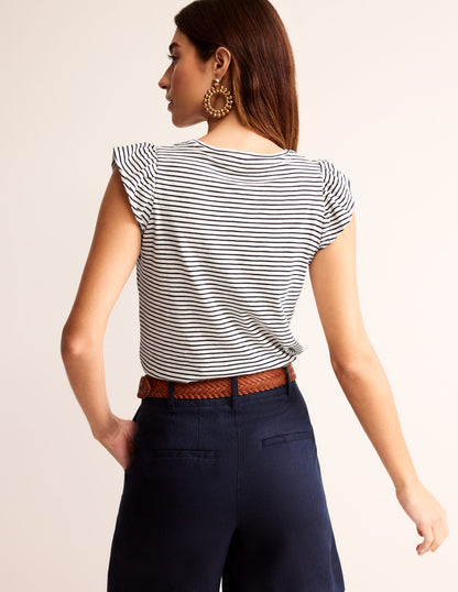 Cotton Flutter Top-Ivory, Navy-3