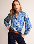 Blouse à manches blousantes-Bleu connecté, motif Floral Mosaic