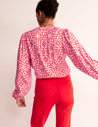 Bluse mit Blousonärmeln-Flame Scarlet, Florales Mosaik