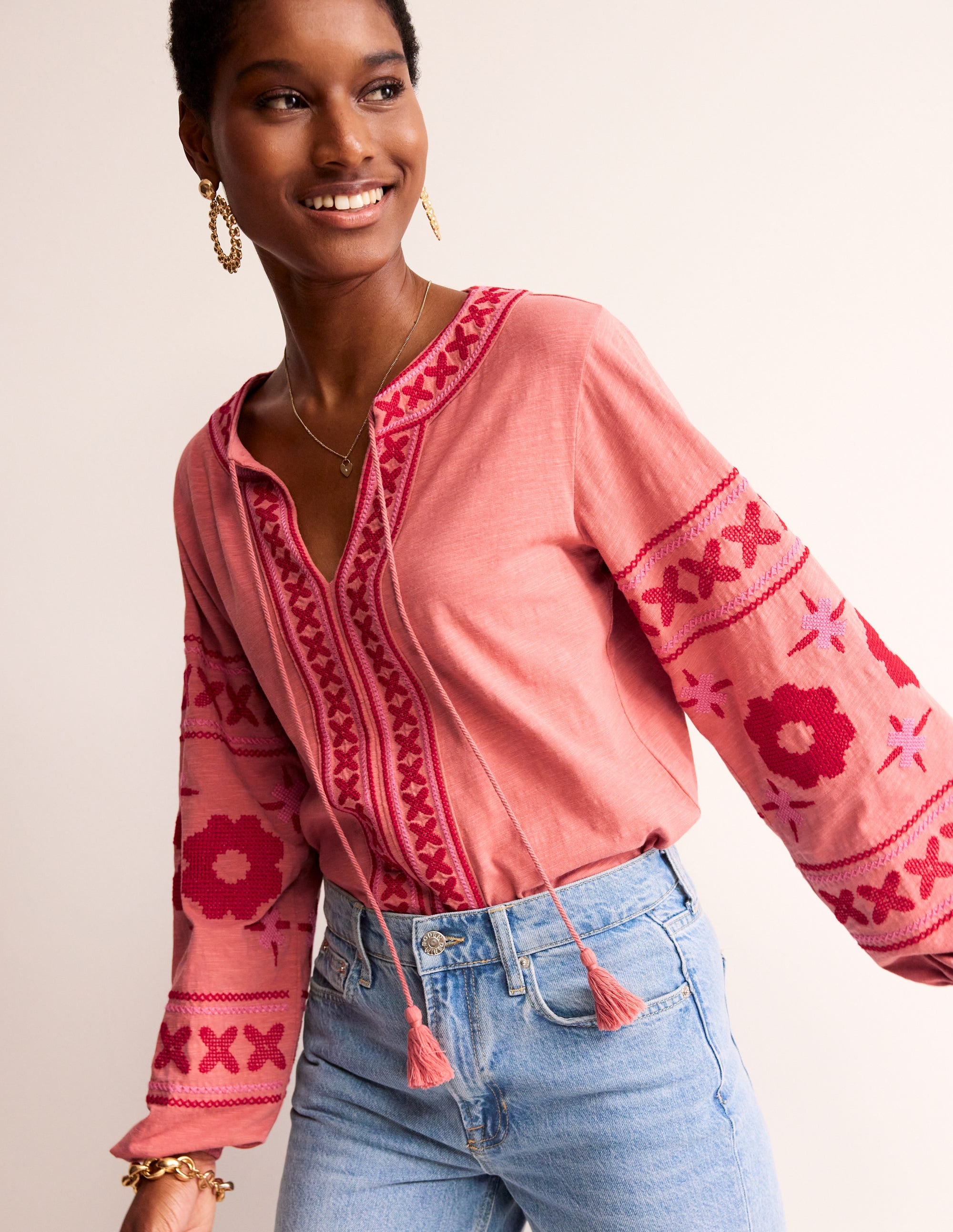 Diana Embroidered Tie Neck Top-Brick Dust - Image 1