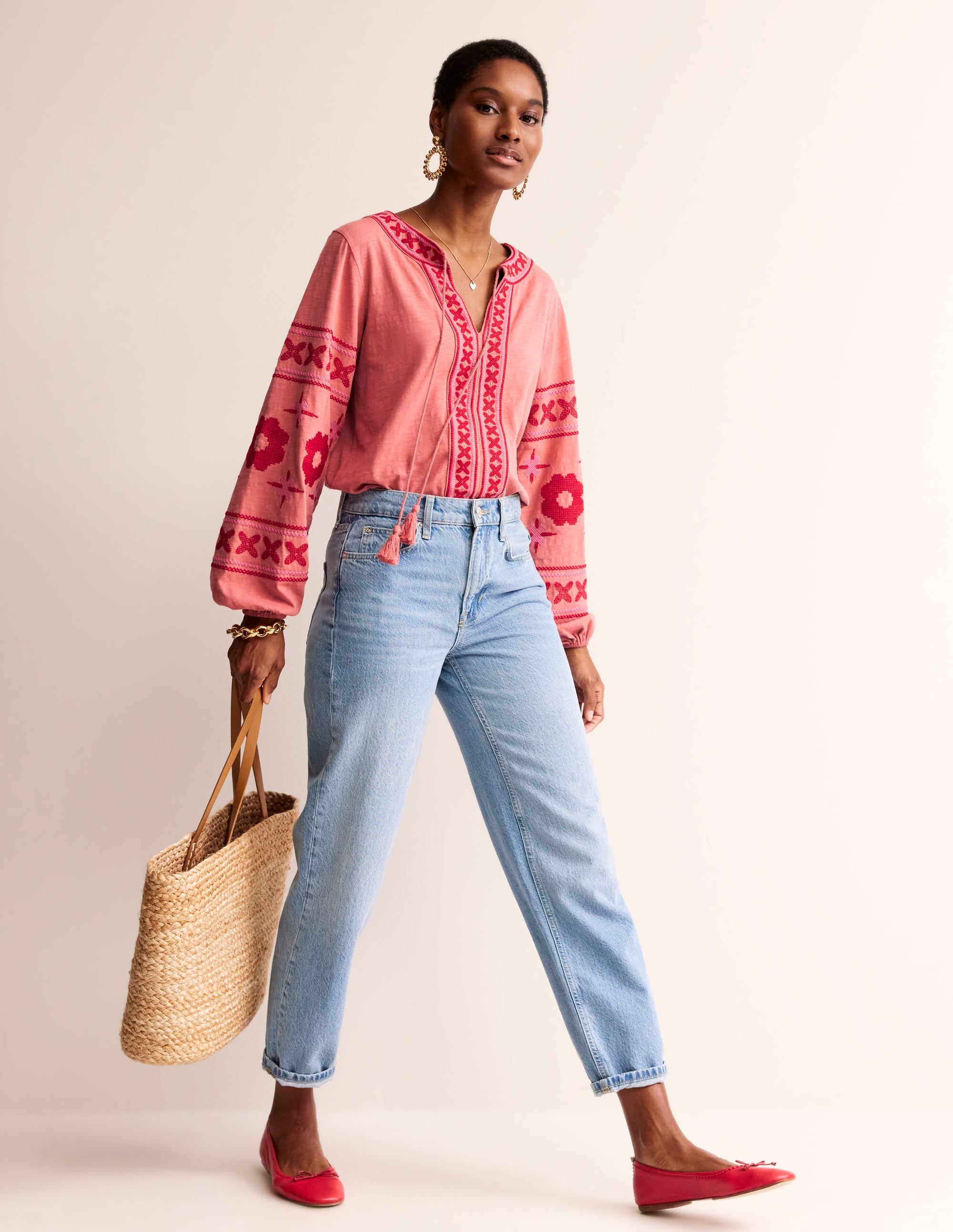 Diana Embroidered Tie Neck Top-Brick Dust - Image 4