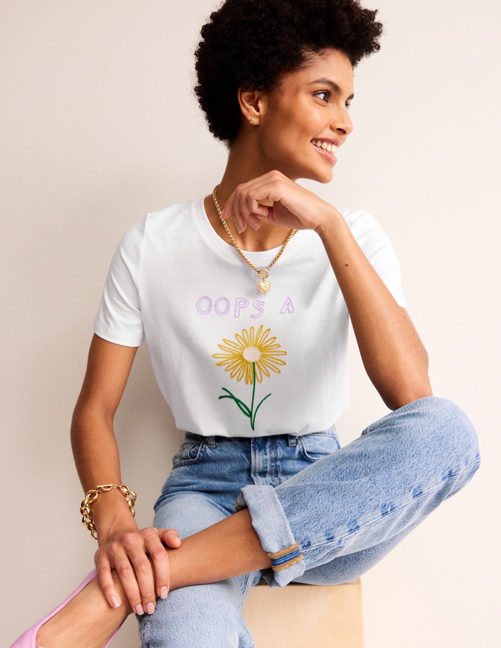 T-shirt Rosa brodé-Blanc, motif Oops A Daisy-4