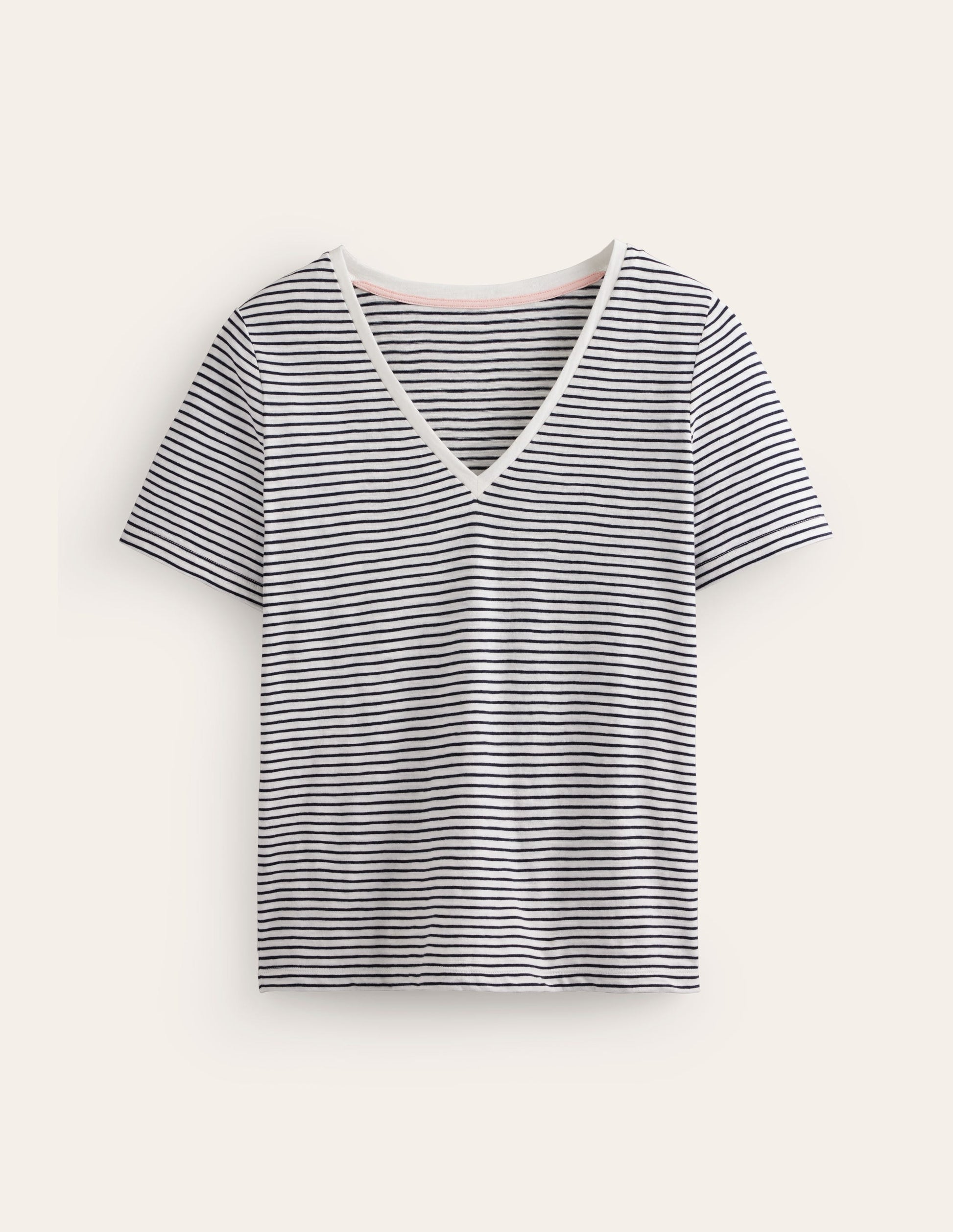 Regular V-Neck Slub T-shirt-Ivory, Navy-5