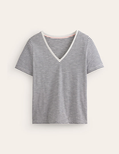 Regular V-Neck Slub T-shirt-Ivory, Navy-5