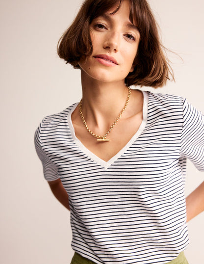 Regular V-Neck Slub T-shirt-Ivory, Navy-2