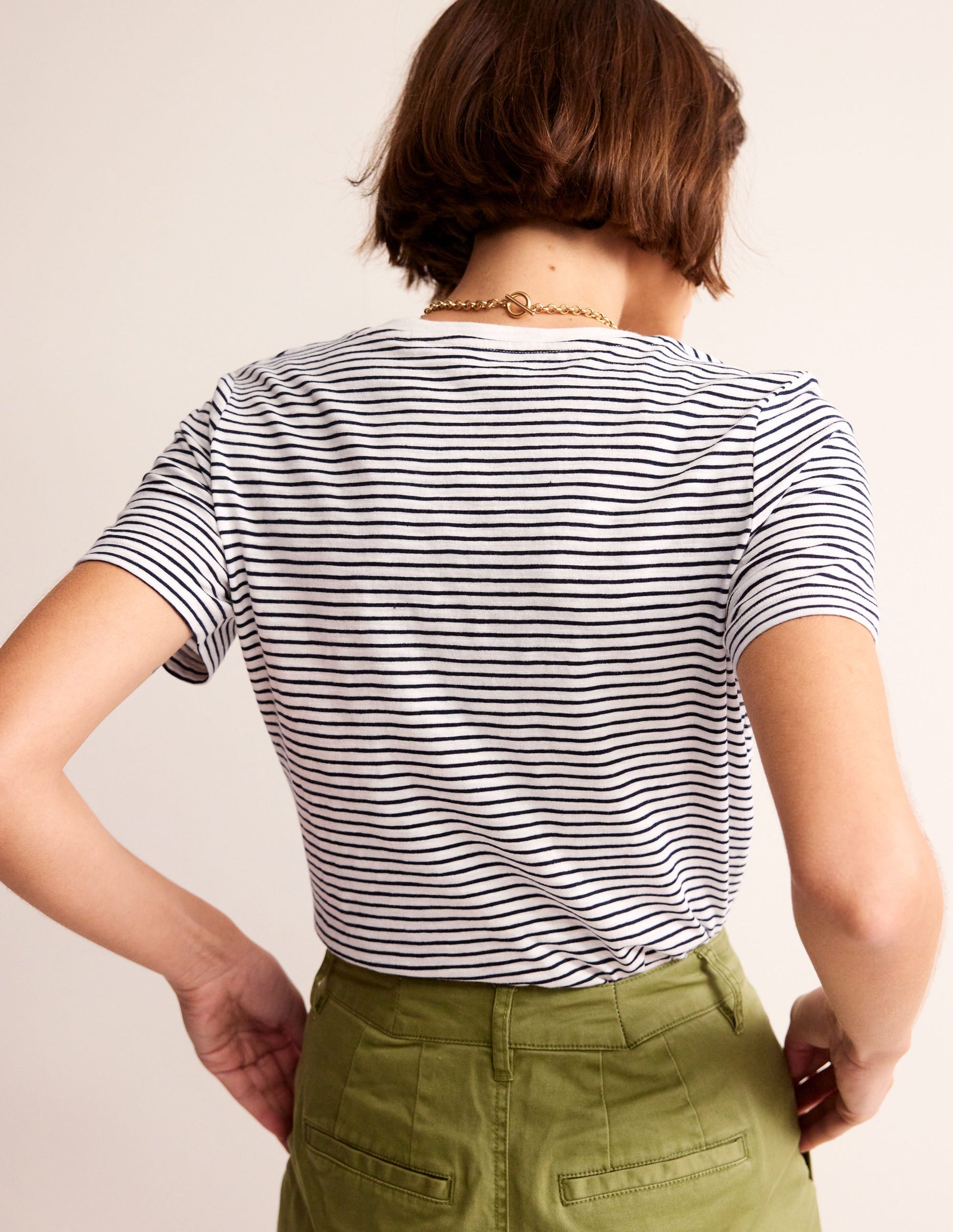 Regular V-Neck Slub T-shirt-Ivory, Navy-3