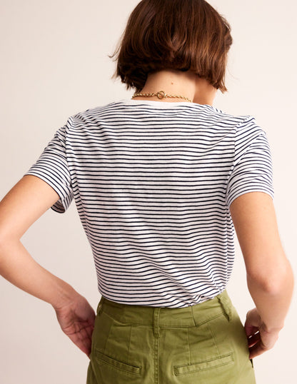 Regular V-Neck Slub T-shirt-Ivory, Navy-3