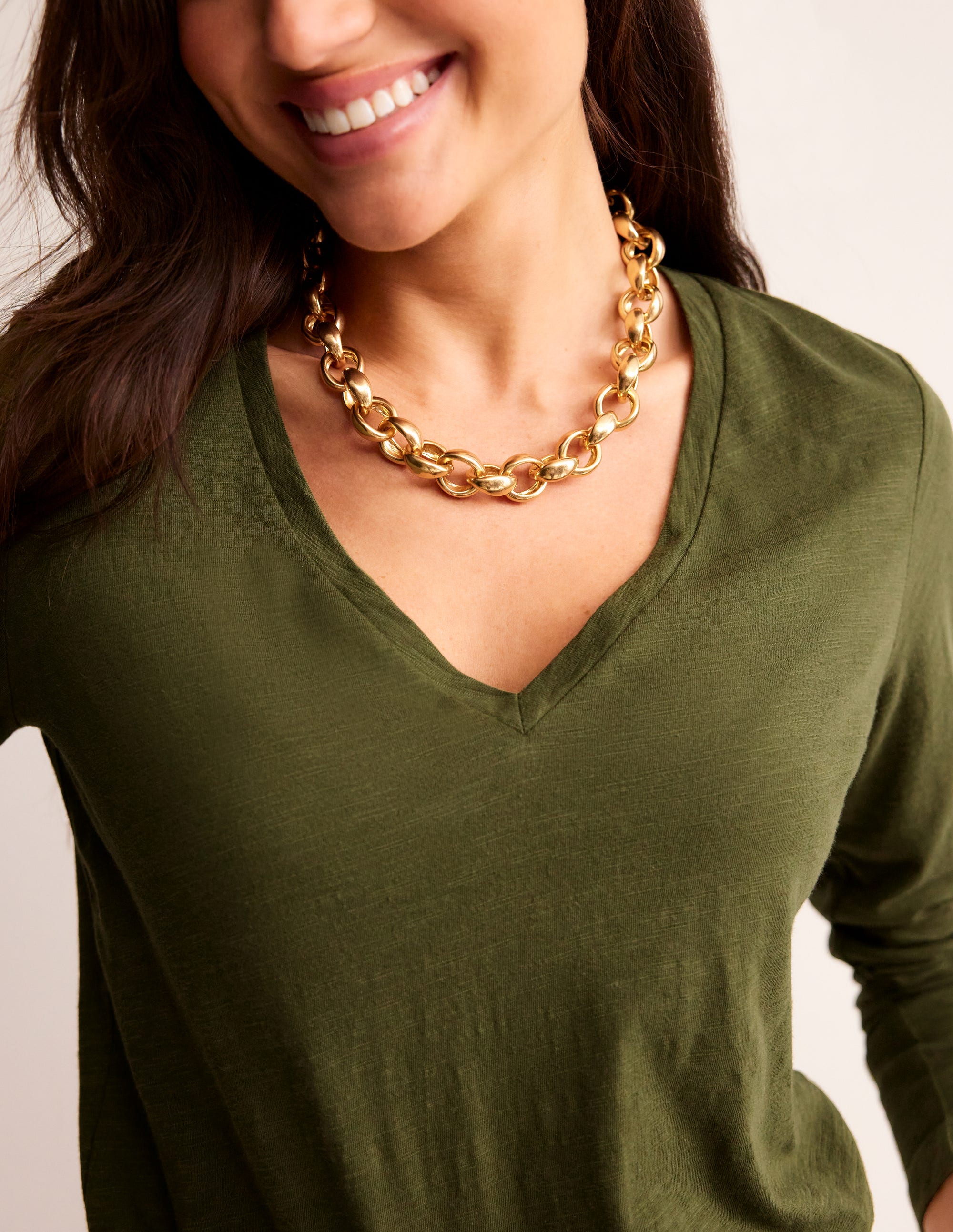Cotton V-Neck Long Sleeve Top-Oregano - Image 2