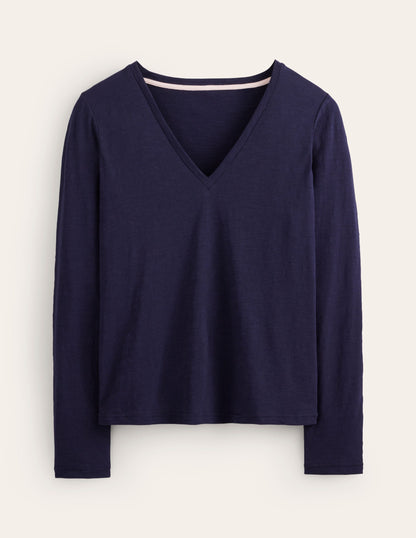 Cotton V-Neck Long Sleeve Top-Navy