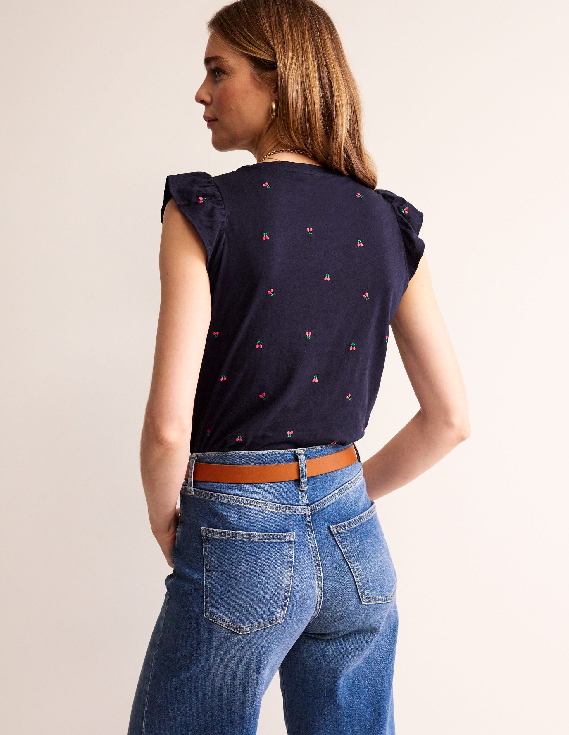 Top Dora à manches volantées-Bleu marine, cerises-3