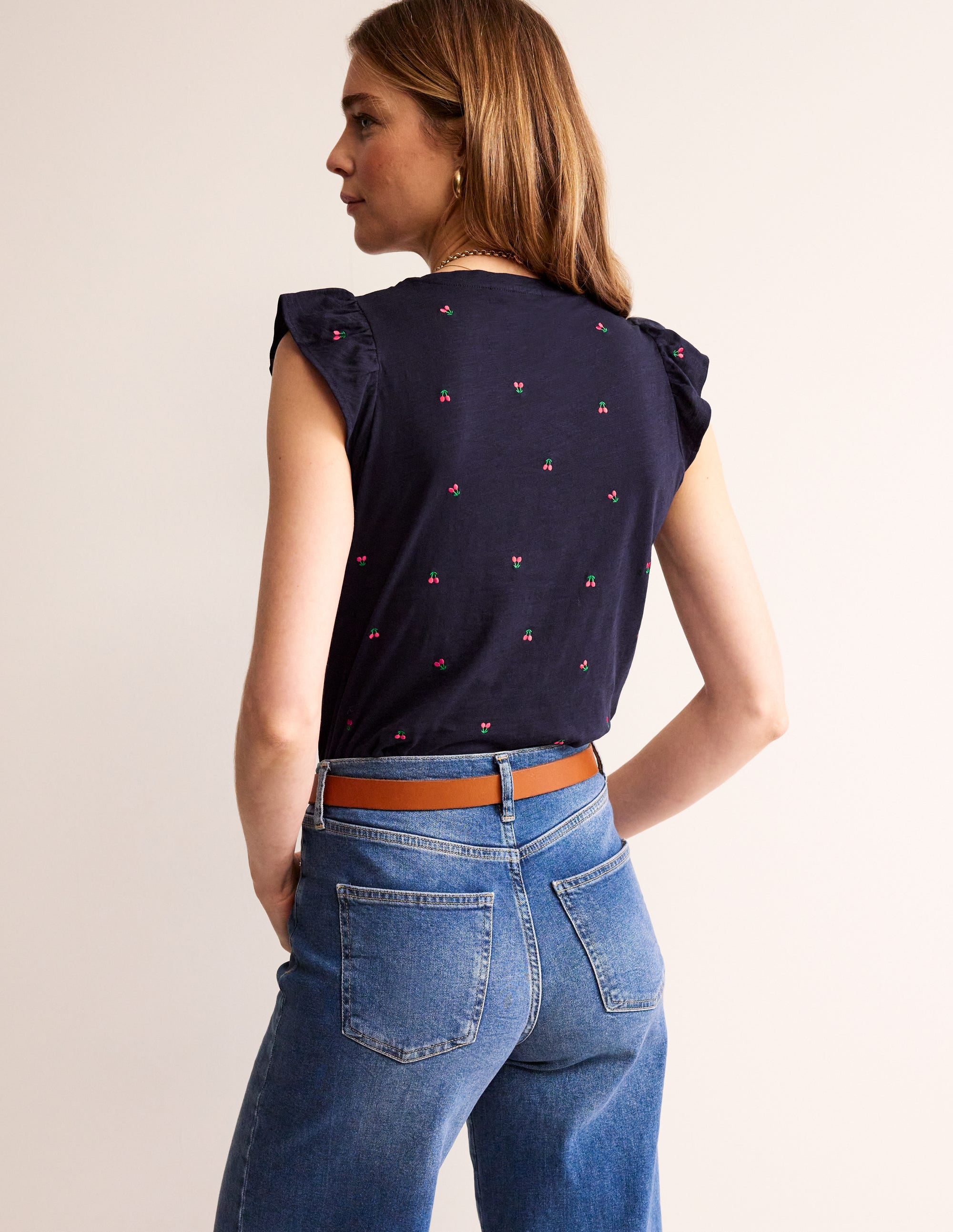 Top Dora à manches volantées-Bleu marine, cerises - Image 3
