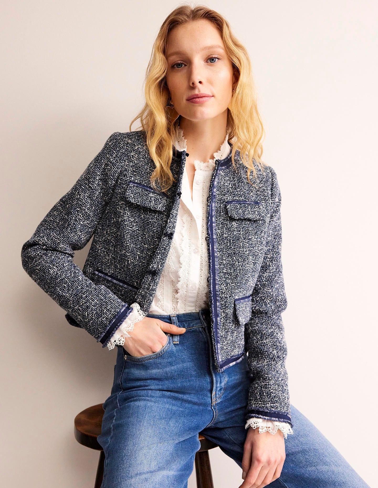 Veste courte Interest texturée-Bleu marine - Image 1