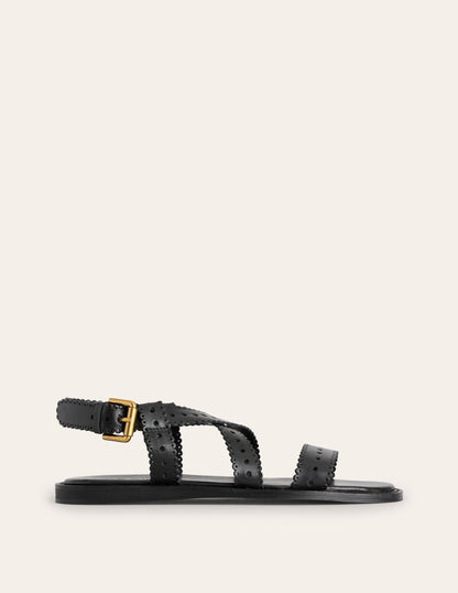 Flache Sandalen mit überkreuztem Riemen-Schwarz