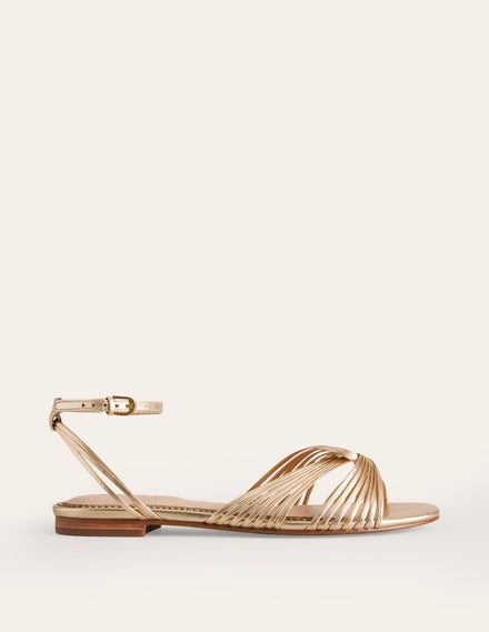 Twist Front Flat Sandals-Gold Metallic Leather