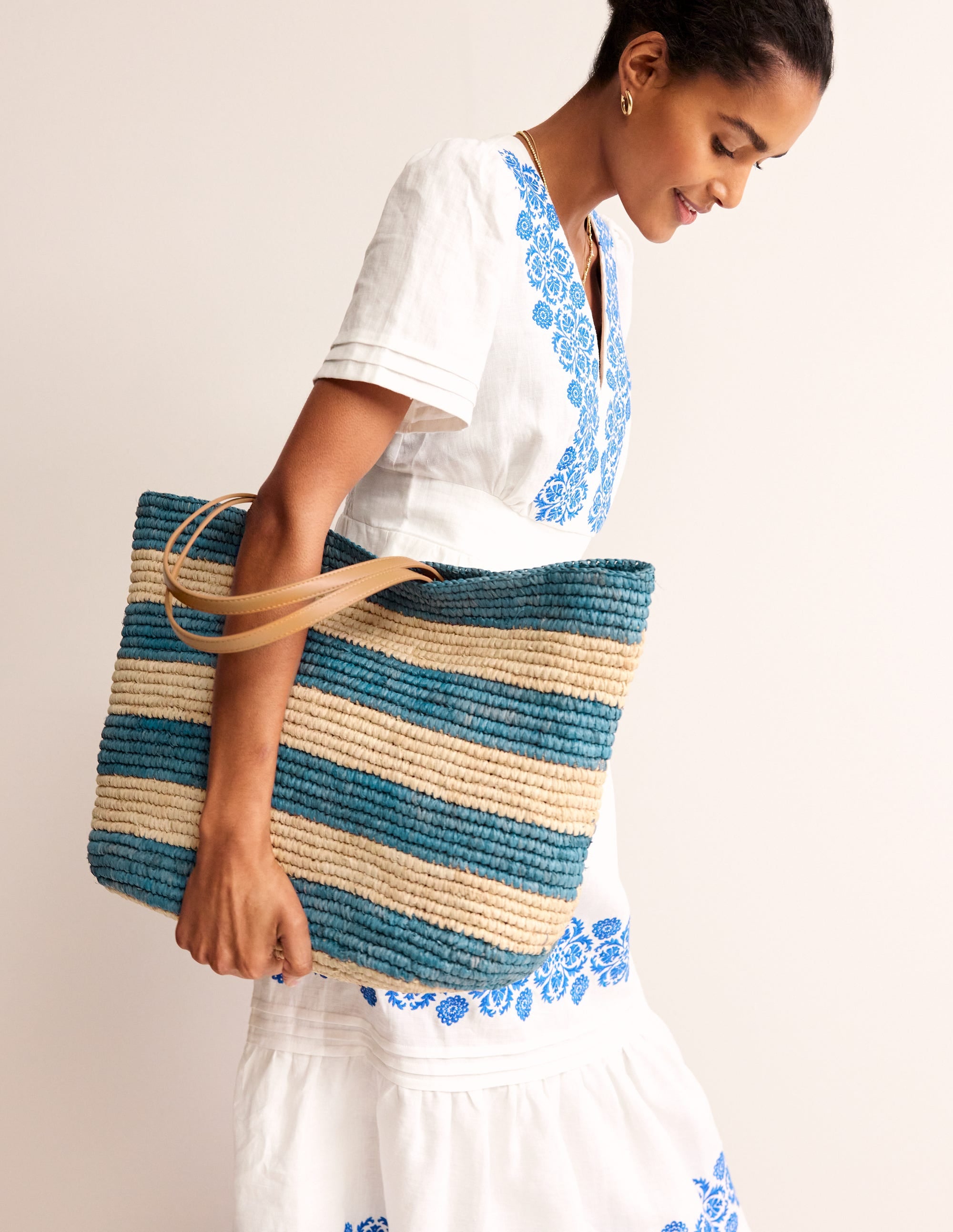 Sac cabas en raphia-Chalky Pink Gingham - Image 2