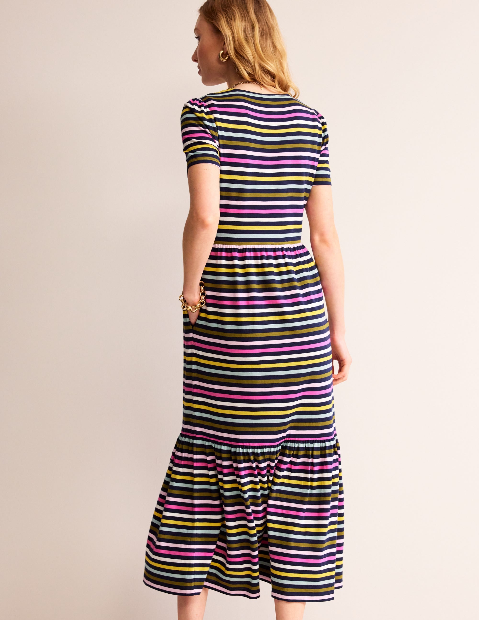 Emma Tiered Jersey Midi Dress-Navy, Yellow Multistripe - Image 3
