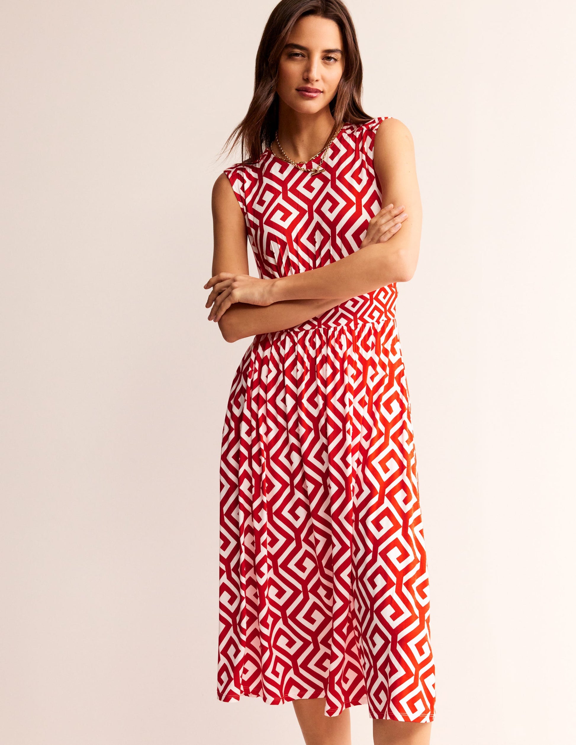 Robe midi Thea sans manches-Flamme écarlate, labyrinthe-2