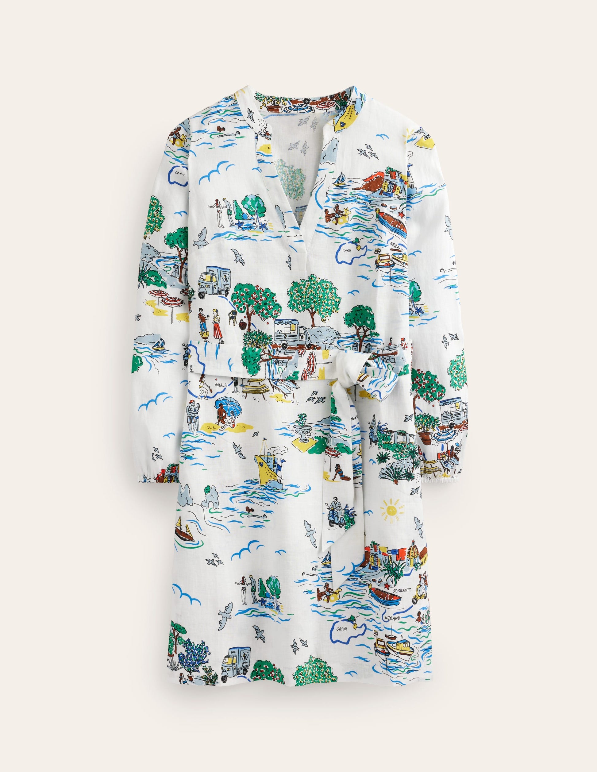 Robe Cleo nouée à la taille en lin-Ivoire, motif Amalfi-6