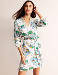 Robe Cleo nouée à la taille en lin-Ivoire, motif Amalfi