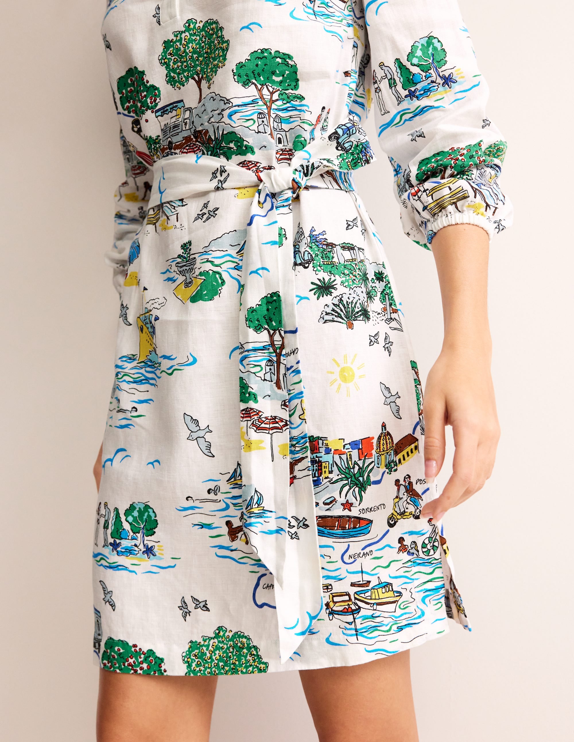 Robe Cleo nouée à la taille en lin-Ivoire, motif Amalfi - Image 2