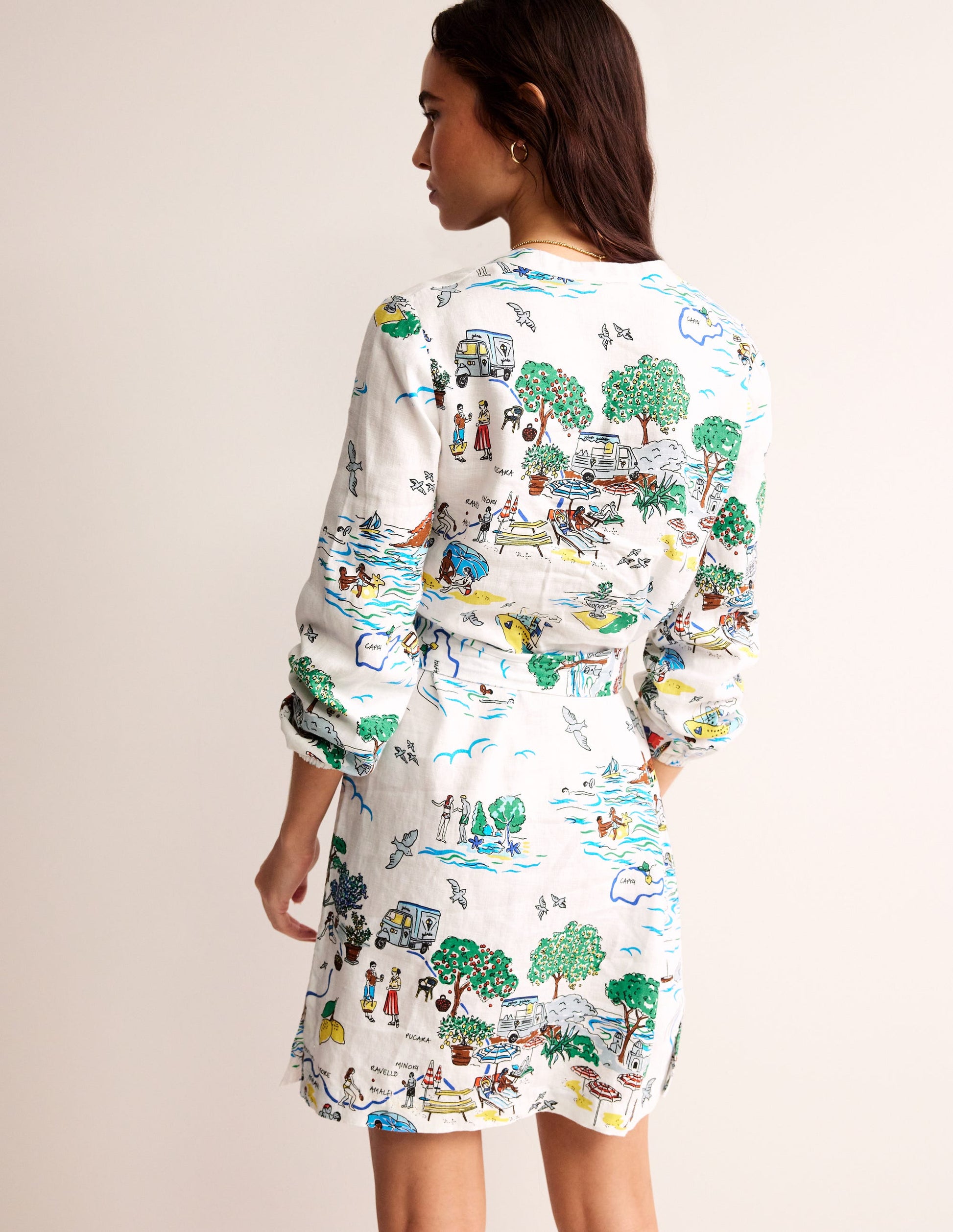 Robe Cleo nouée à la taille en lin-Ivoire, motif Amalfi-3