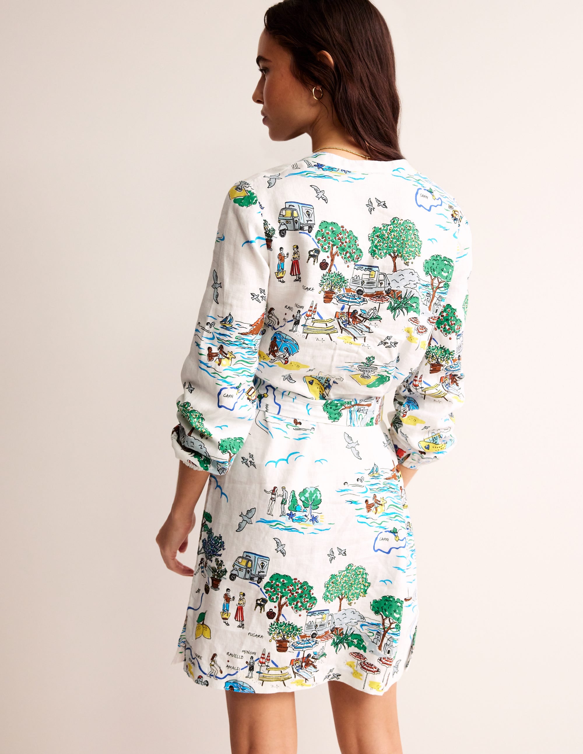 Robe Cleo nouée à la taille en lin-Ivoire, motif Amalfi - Image 3