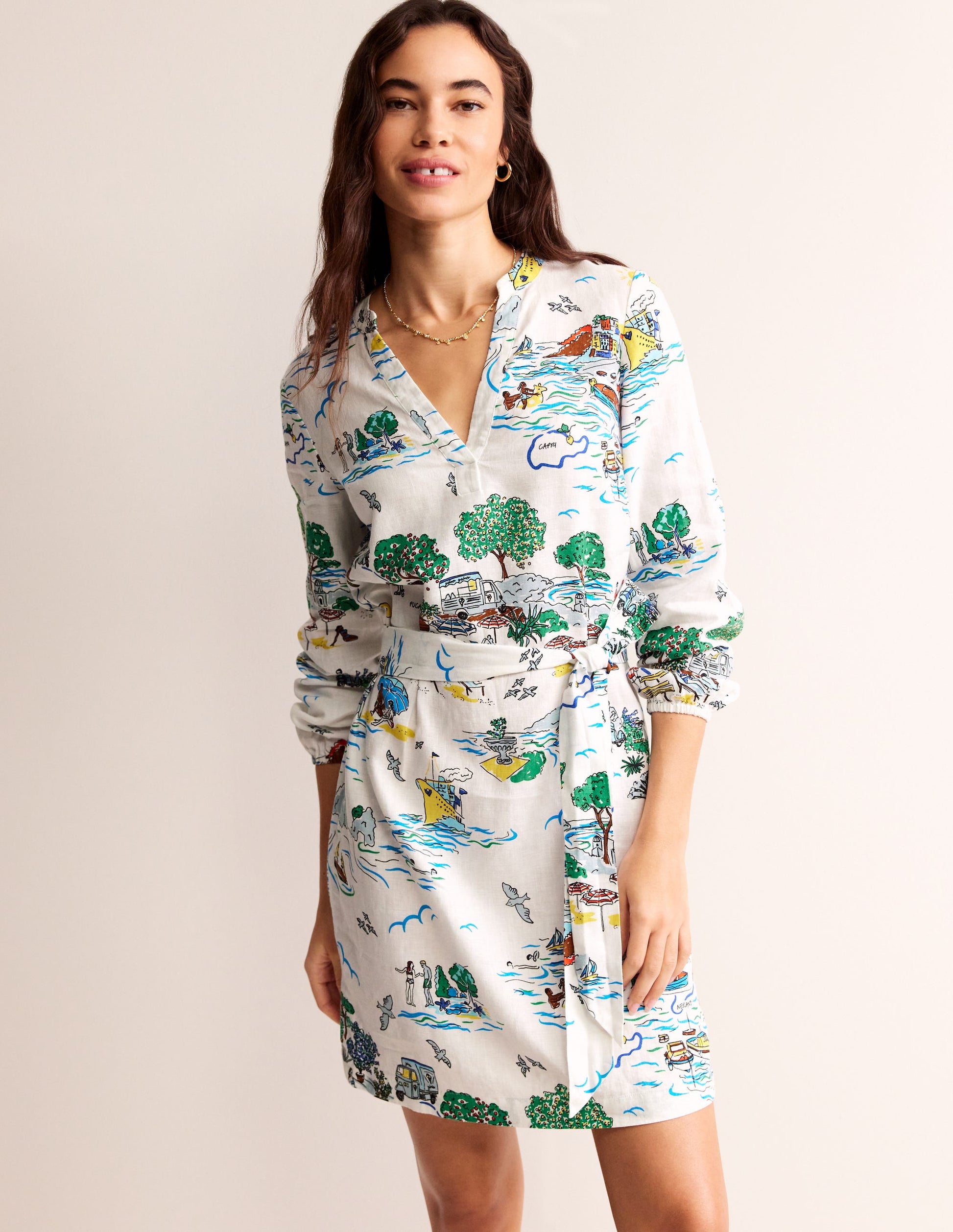 Robe Cleo nouée à la taille en lin-Ivoire, motif Amalfi-4