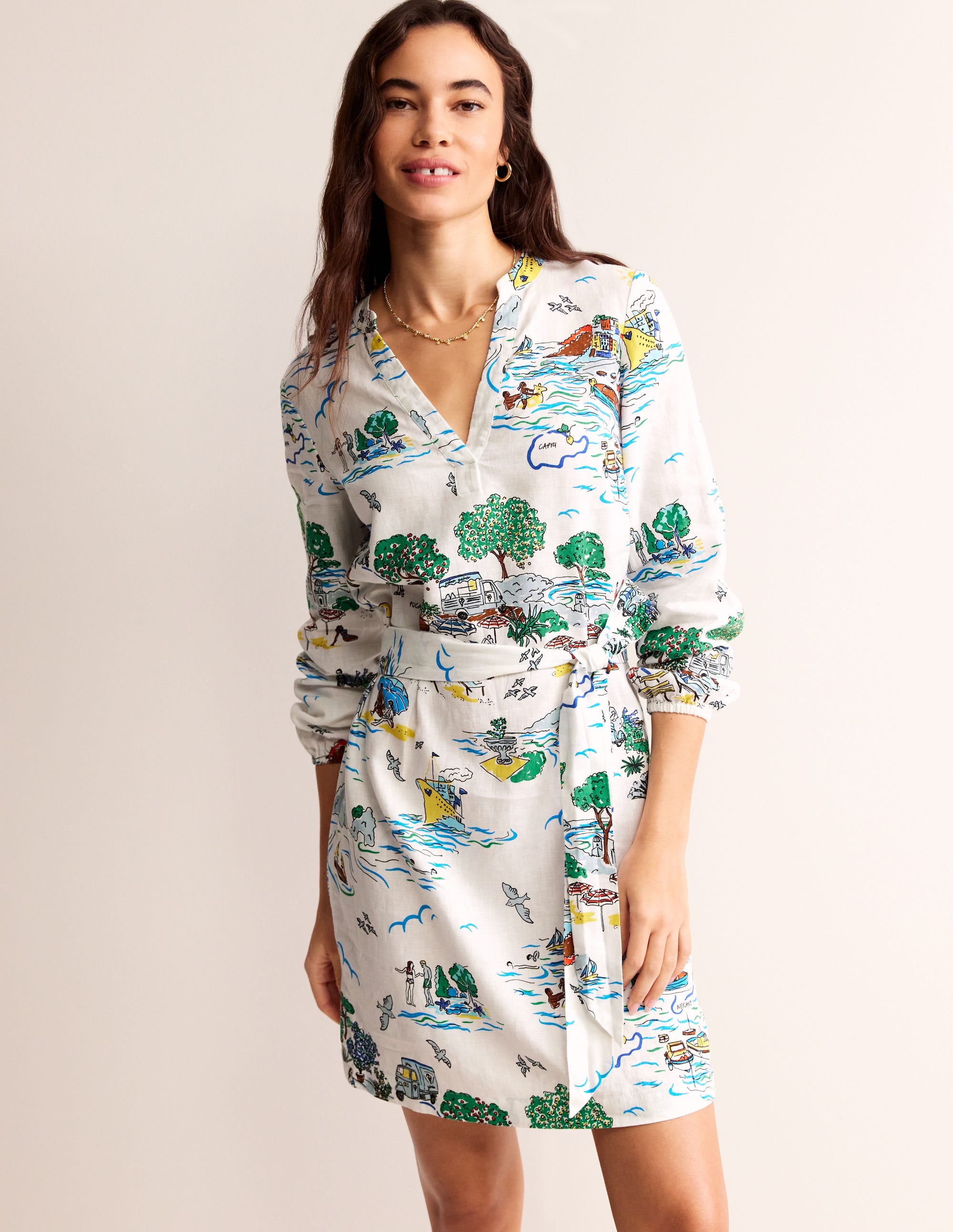 Robe Cleo nouée à la taille en lin-Ivoire, motif Amalfi - Image 4