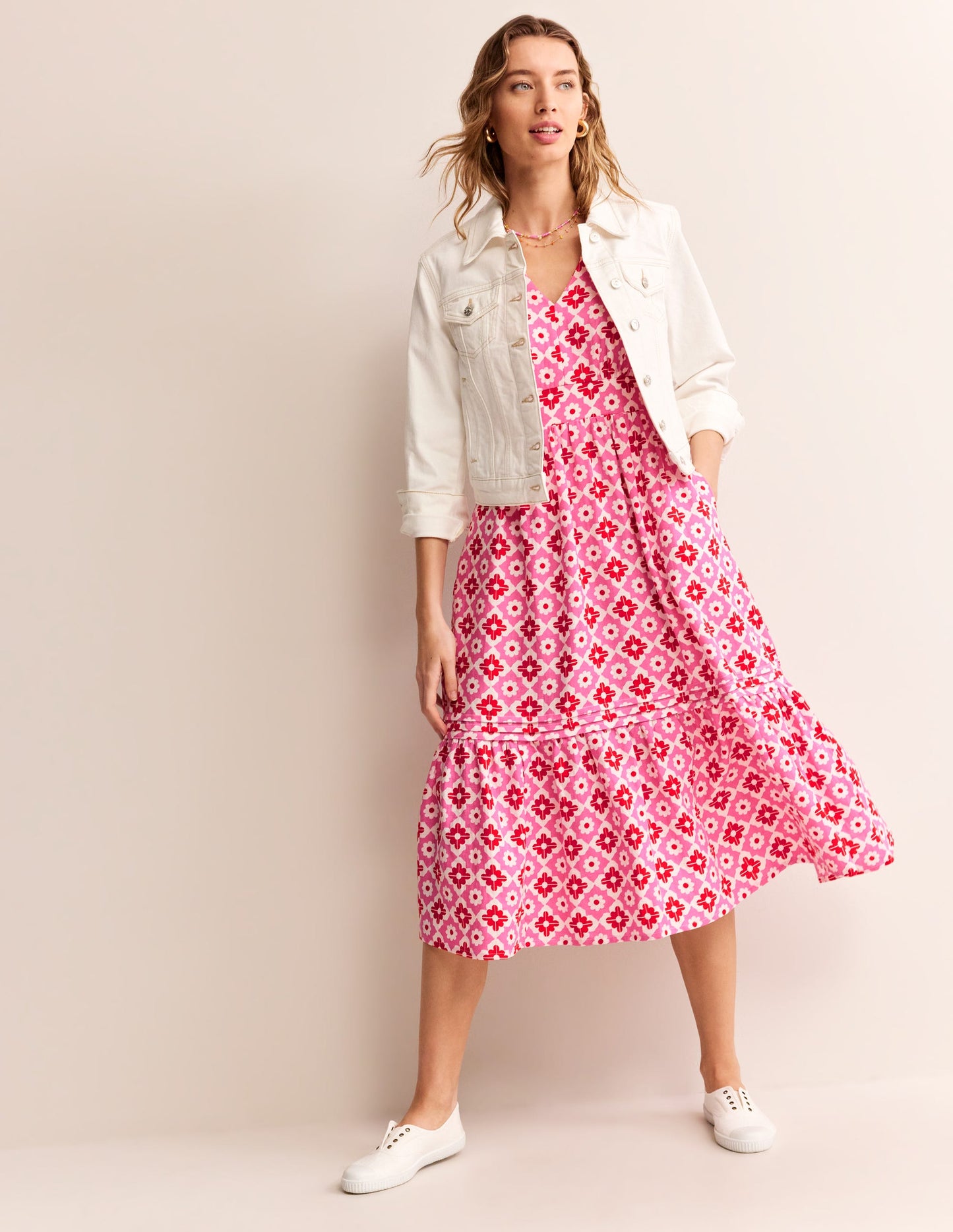 Eve Linen Midi Dress-Pink Power, Geometric Stamp