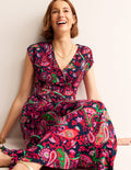 Robe portefeuille longue Vanessa en jersey-Bleu marine foncé, motif Fantastical