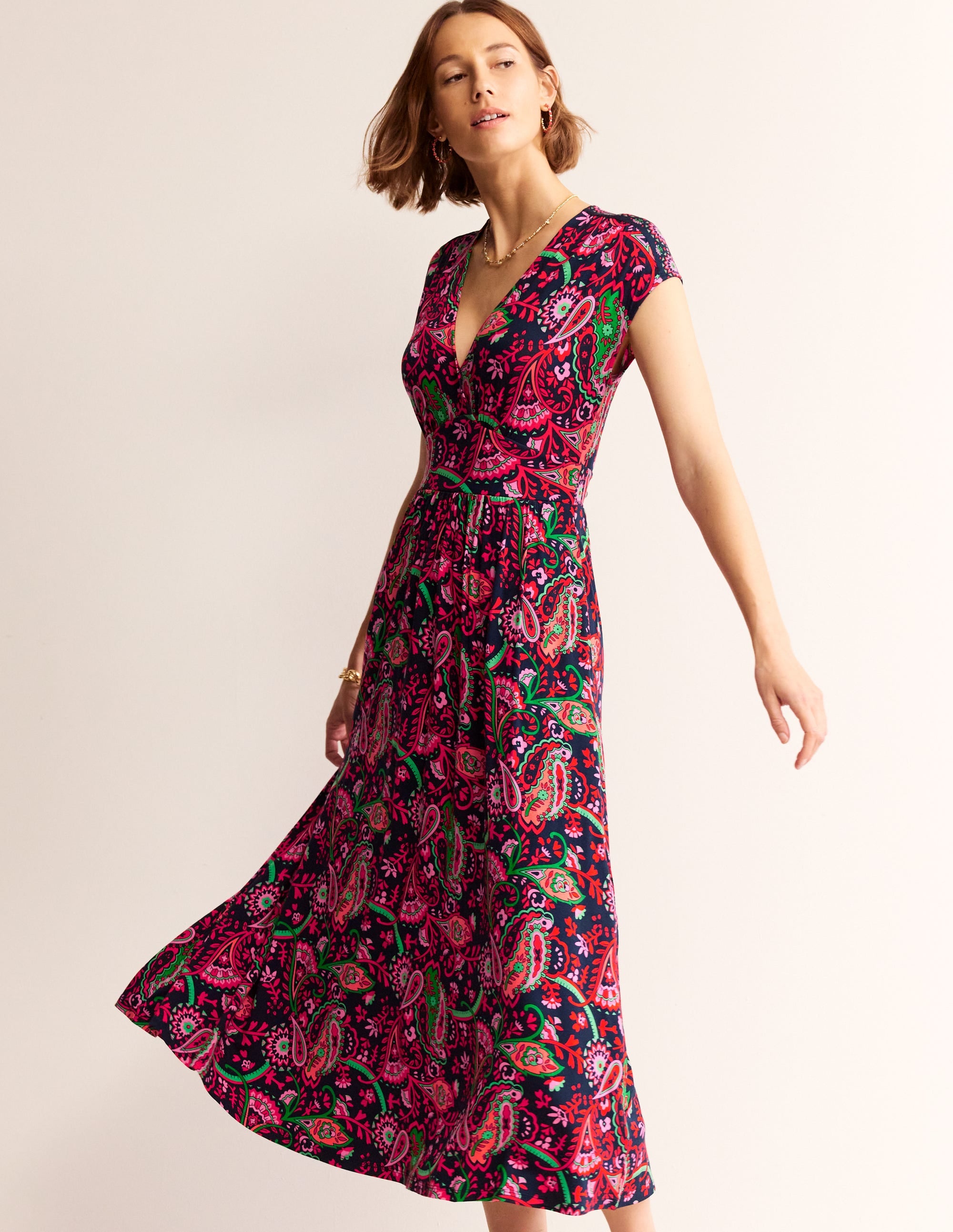 Robe portefeuille longue Vanessa en jersey-Bleu marine foncé, motif Fantastical - Image 2