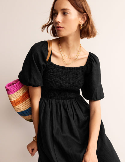 Robe midi Sky en lin à smocks-Noir