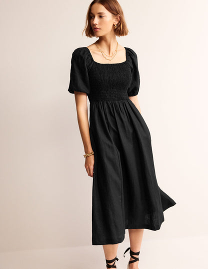 Robe midi Sky en lin à smocks-Noir