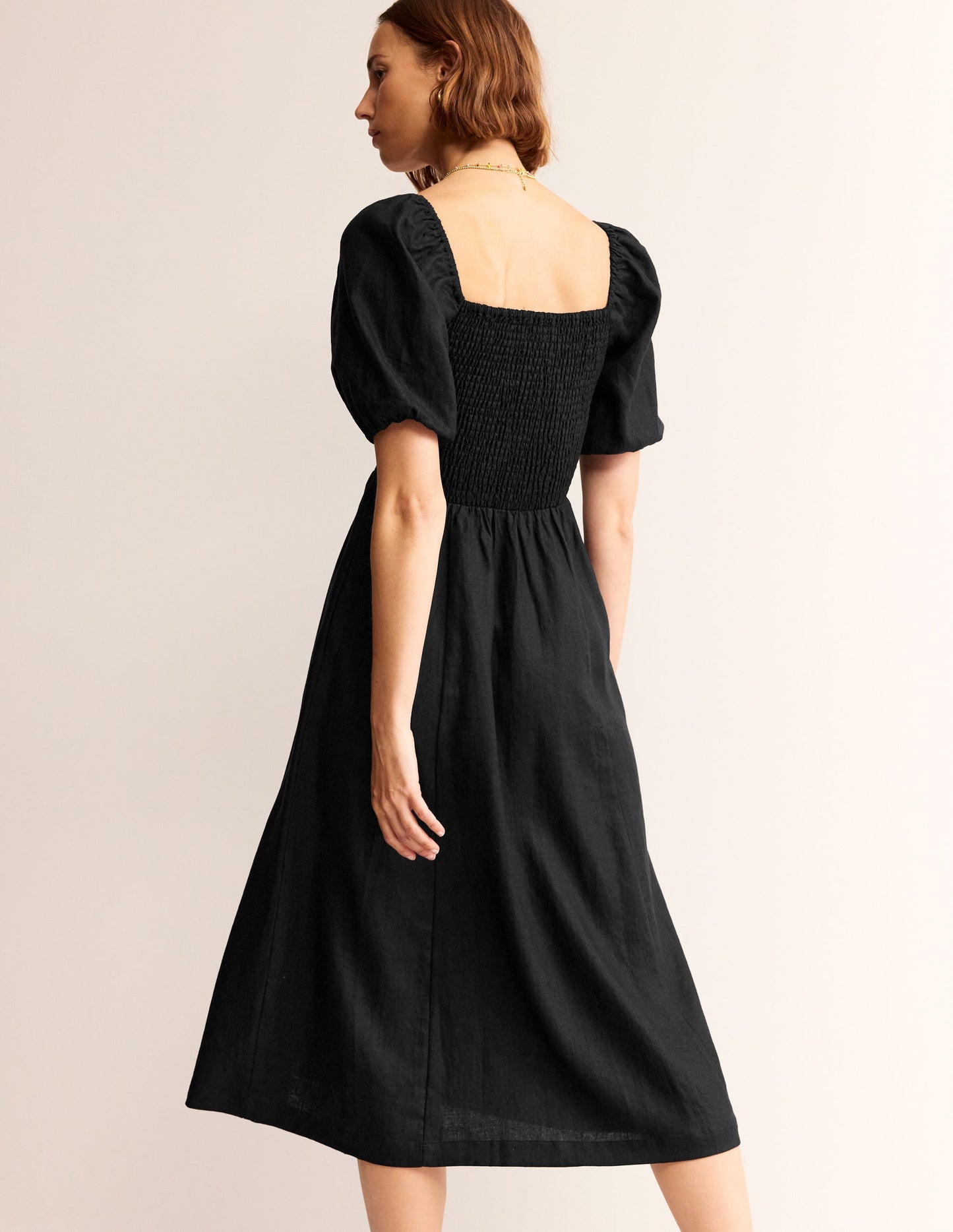 Robe midi Sky en lin à smocks-Noir