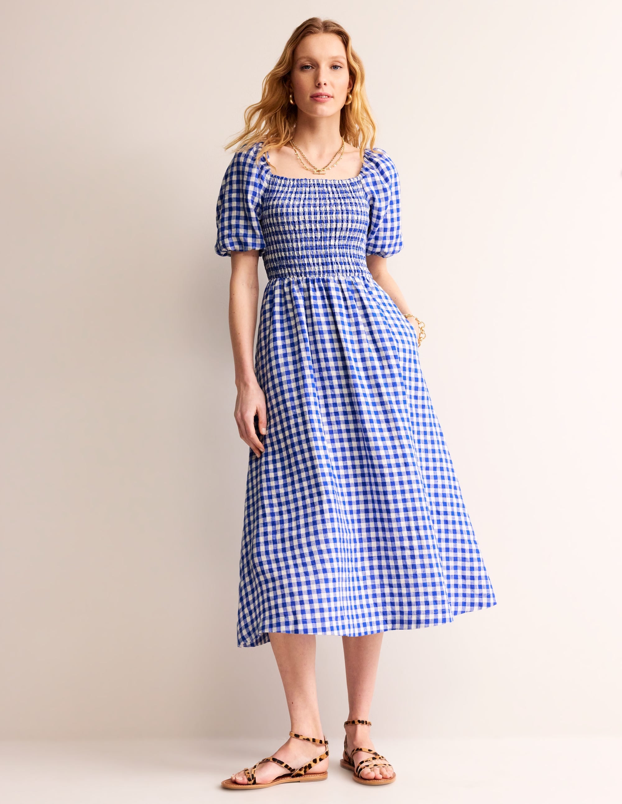 Robe midi Sky en lin à smocks-Vichy Bleu - Image 2