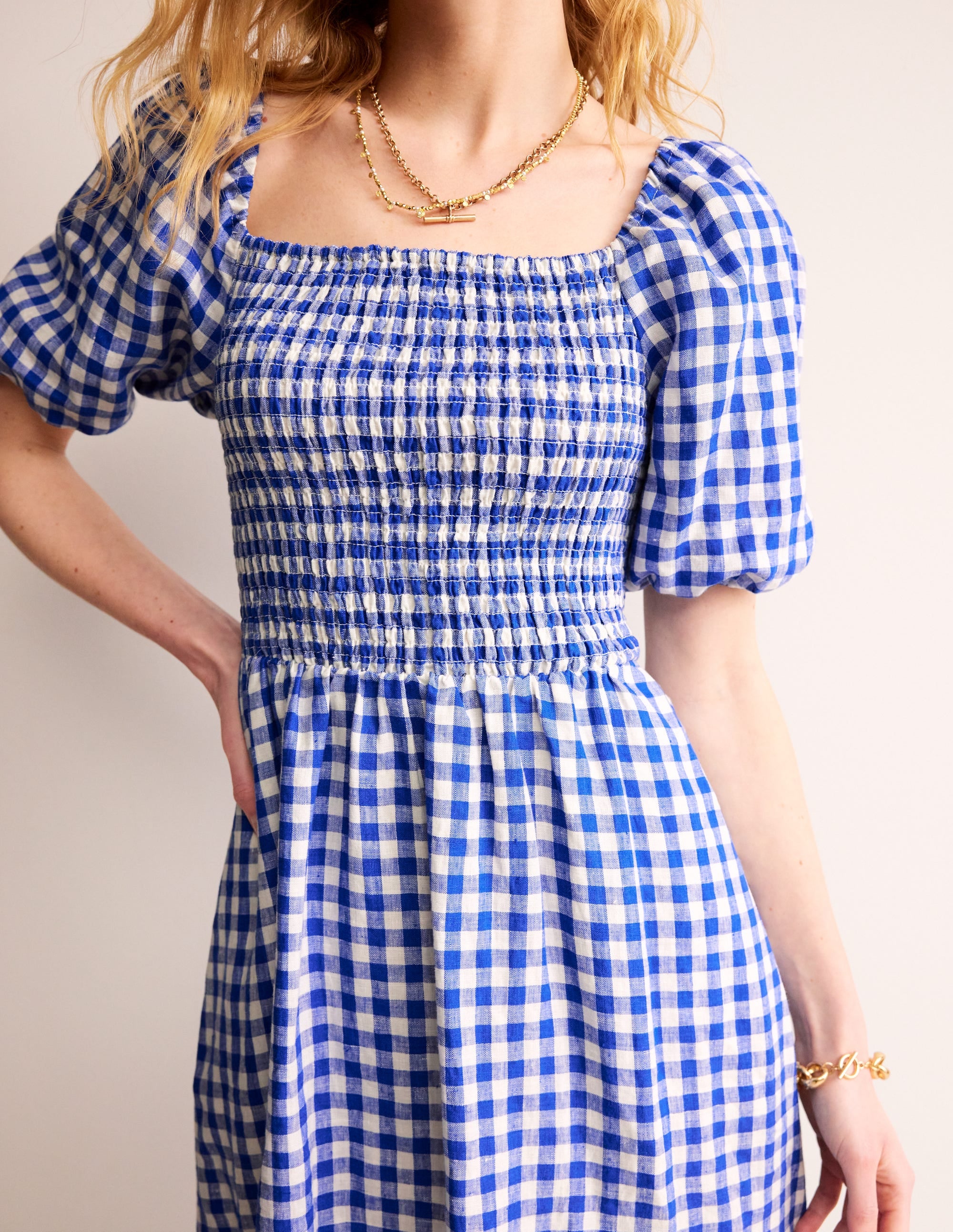Robe midi Sky en lin à smocks-Vichy Bleu - Image 3