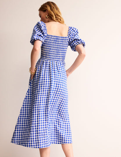 Sky Smocked Linen Midi Dress-Blue Gingham