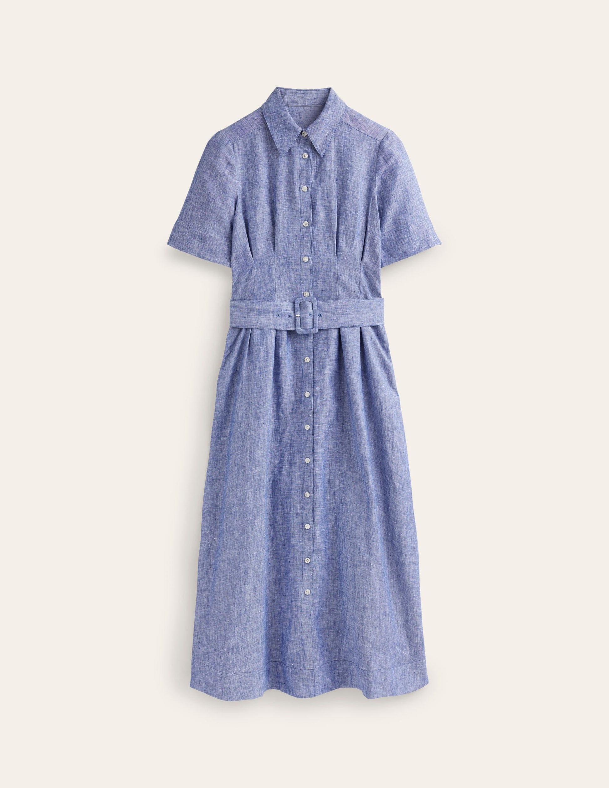 Robe-chemise midi Louise en lin-Chambray bleu authentique-5