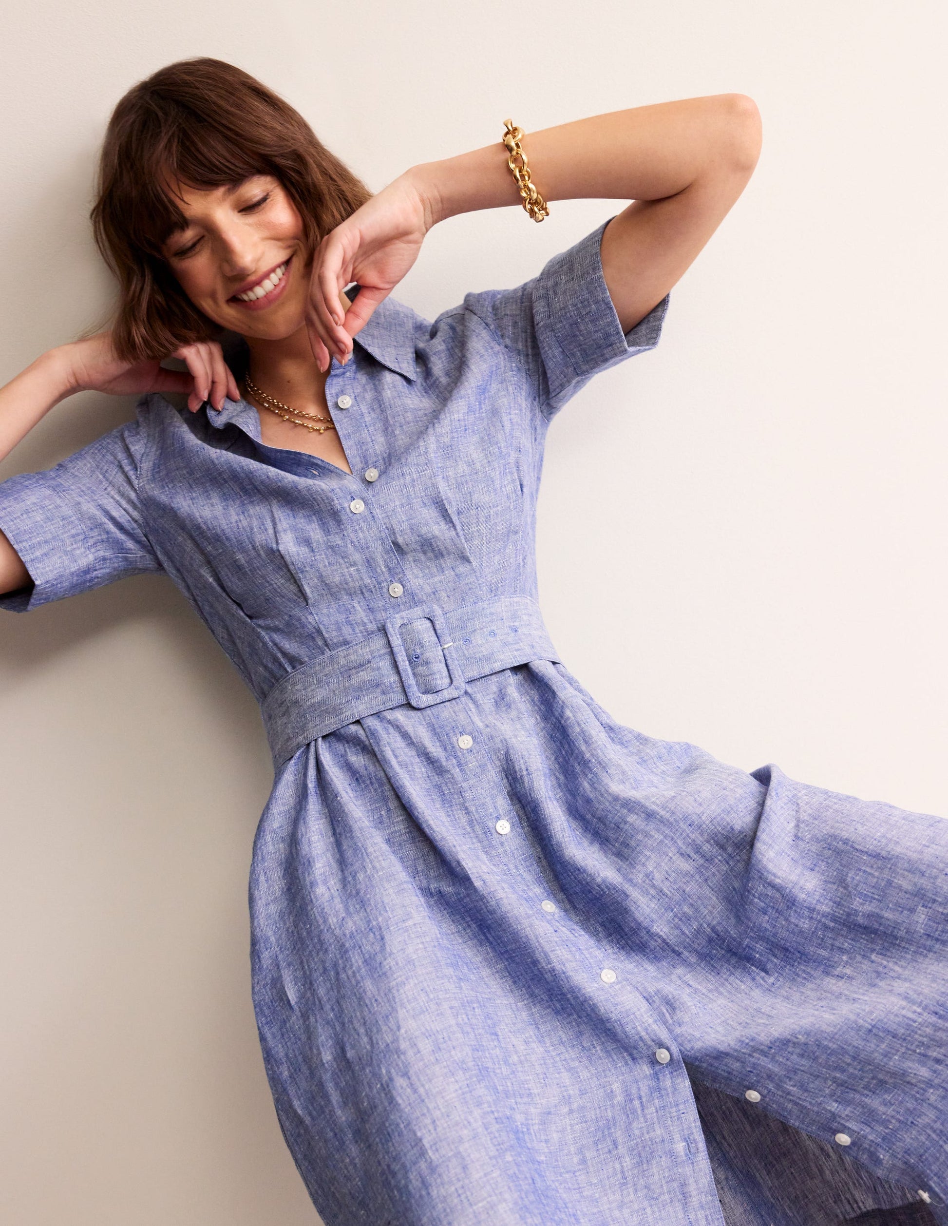 Robe-chemise midi Louise en lin-Chambray bleu authentique-1