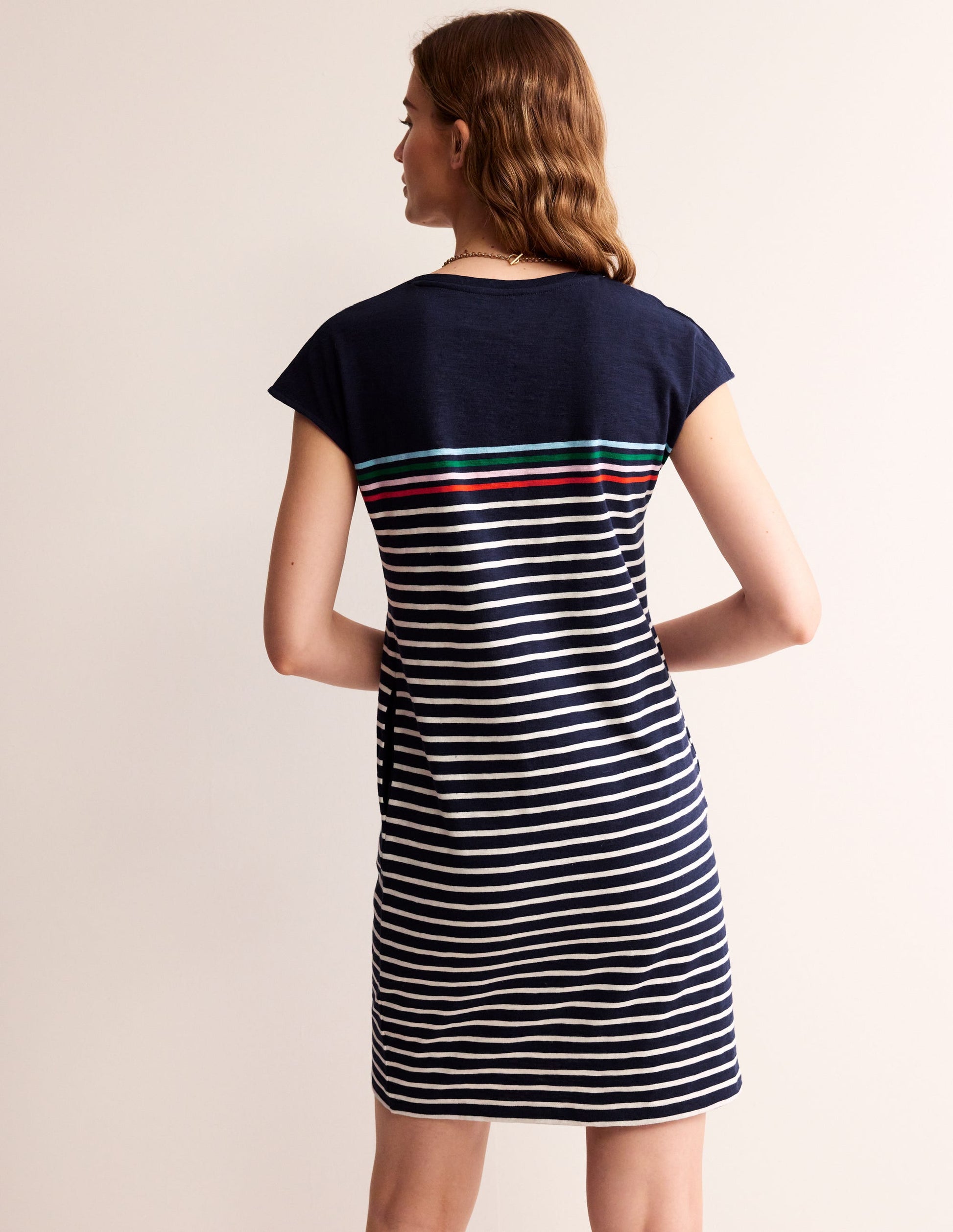 Leah T-Shirt-Kleid aus Jersey-Marineblau, Naturweiß Bunt Streifen-3