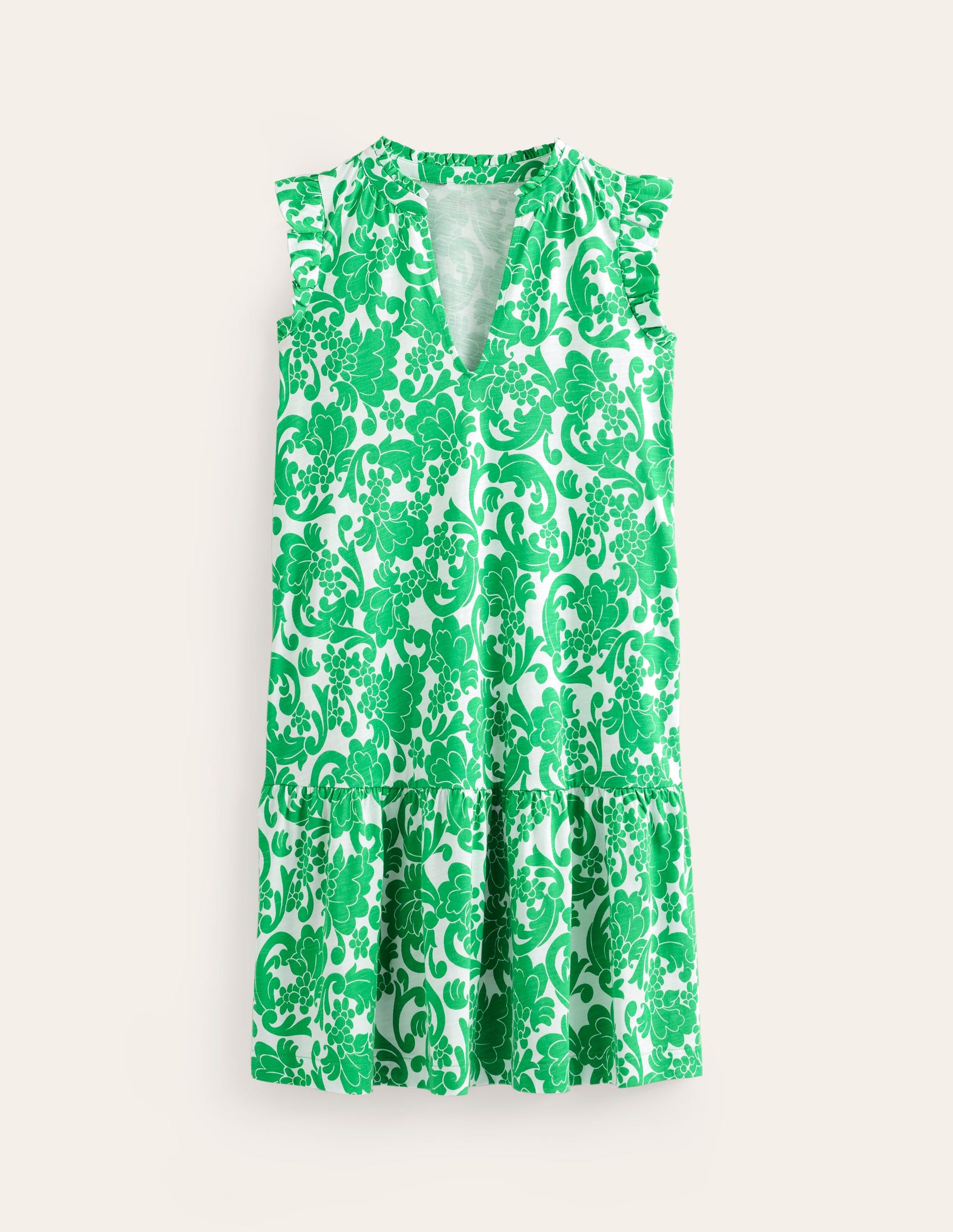Robe courte Daisy volantée en jersey-Vert vif, motif Opulent Whirl-5