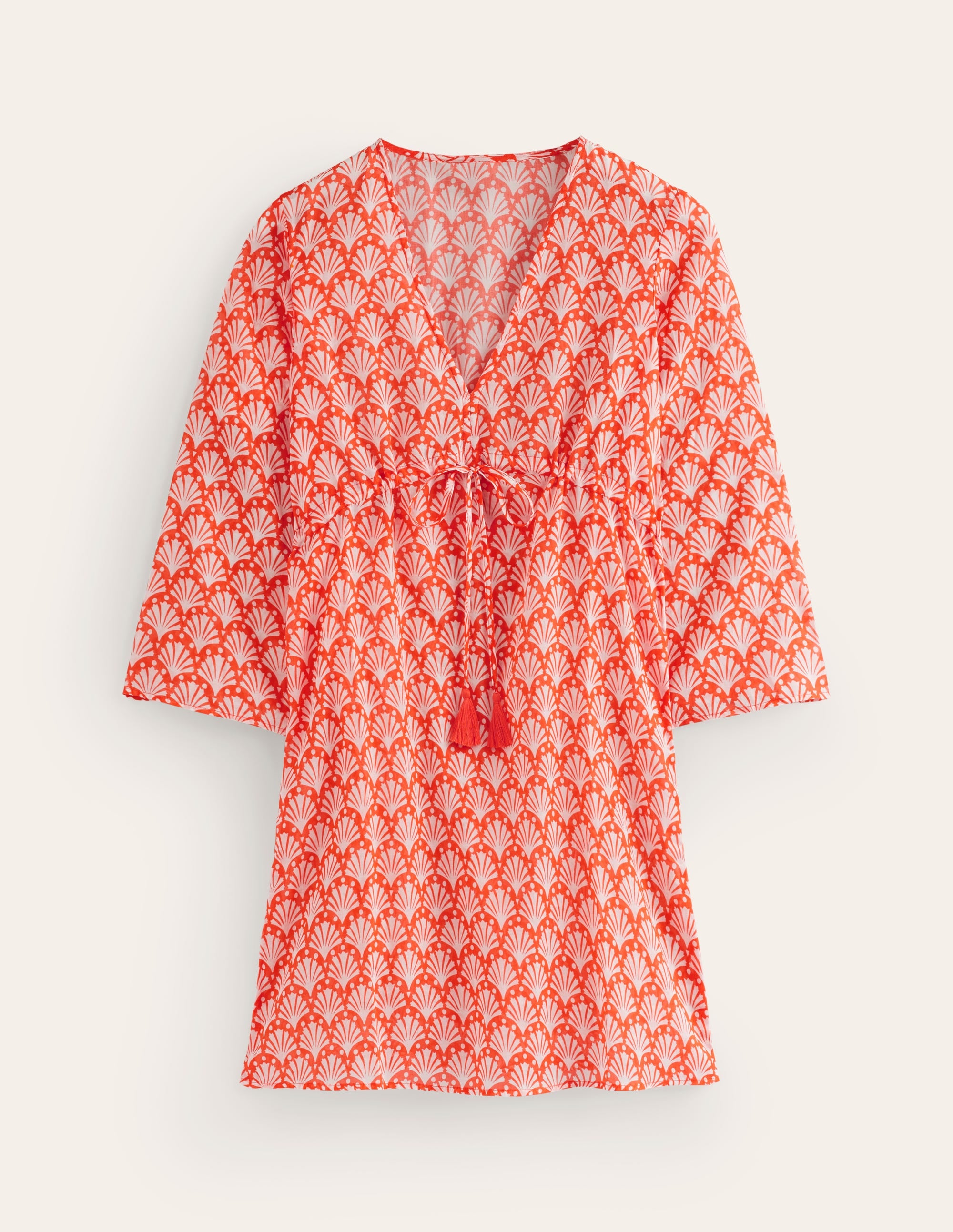 Caftan court de plage en coton-Orange mandarine, coquillages - Image 5