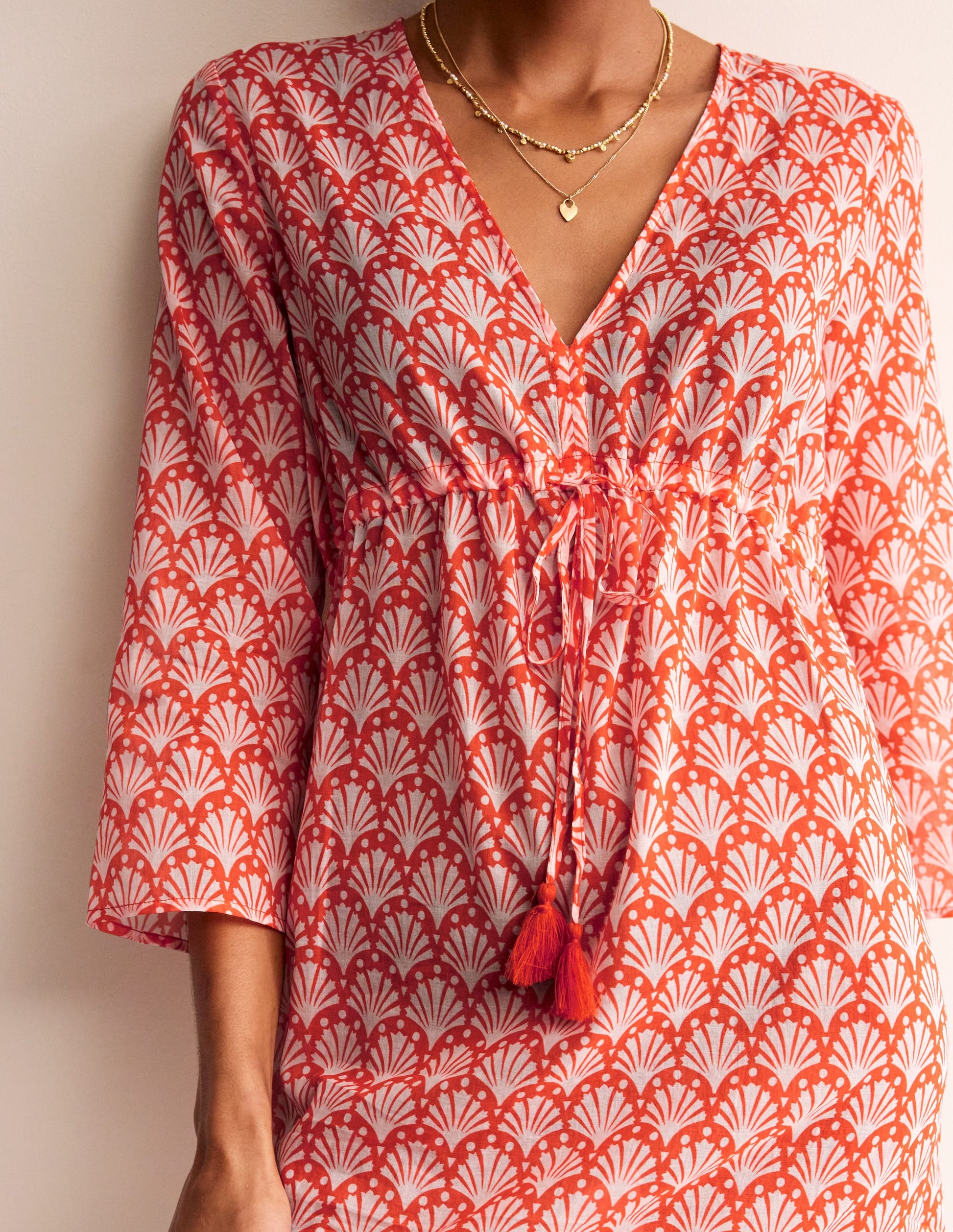 Caftan court de plage en coton-Orange mandarine, coquillages-2