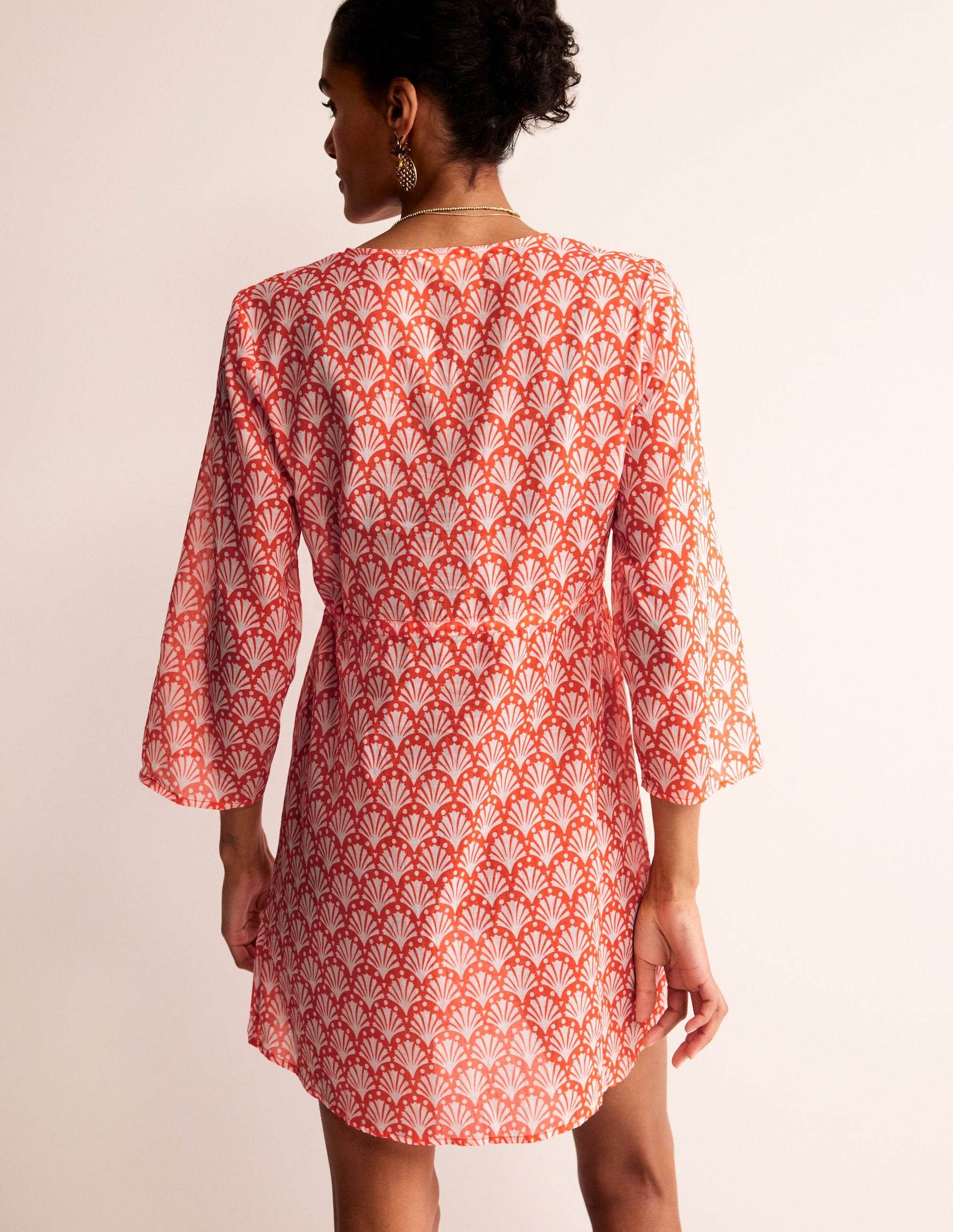 Caftan court de plage en coton-Orange mandarine, coquillages-3